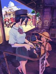  2girls 4boys :d backpack backwards_hat bad_id bad_pixiv_id bag black_skirt blue_eyes blue_hair brown_hair camera cloud collared_shirt day dress glasses hat hat_ribbon landscape laughing_man_(gits) lolicon looking_at_another multiple_boys multiple_girls necktie no_shoes open_mouth original outdoors painttool_sai_(medium) pants ponytail power_lines red_necktie ribbon shako_cap shirt sign skirt sky smile socks sun_hat train train_attendant train_station travel_attendant uniform vania600 watch wristwatch yellow_dress 