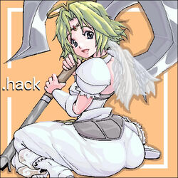  .hack// .hack//games angel angel_wings ass bad_id bad_pixiv_id blonde_hair blue_eyes boots circlet detached_sleeves dress female halo huge_ass kannagi_kaname looking_back lowres oekaki short_hair sitting solo staff terajima_ryoko wings 