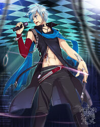  1boy blue_eyes blue_scarf chains checkered commentary_request cuffs ear_piercing grey_hair hagane_vocaloid handcuffs isamine_kaito kaito_(vocaloid) male_focus microphone momopanda piercing scarf solo tattoo vocaloid 