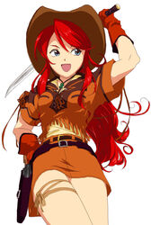  belt blue_eyes cowboy_hat cowboy_shot cowboy_western denim denim_skirt endo female freckles fringe_trim gemini_sunrise gloves hat holster katana miniskirt ponytail red_hair sakura_taisen sakura_taisen_v skirt solo sword thigh_strap weapon 