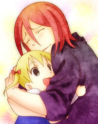  1boy ^_^ aged_down blonde_hair closed_eyes father_and_daughter female happy hishiki hug imageboard_desourced lowres maka_albarn non-web_source red_hair short_hair smile soul_eater spirit_albarn twintails 