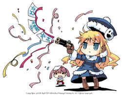  2girls bard_(sekaiju) bard_2_(sekaiju) blonde_hair blue_eyes chibi commentary_request gun gunner_(sekaiju) gunner_2_(sekaiju) jack_frost_(megami_tensei) multiple_girls sekaiju_no_meikyuu sekaiju_no_meikyuu_2 takamura_masaya weapon 