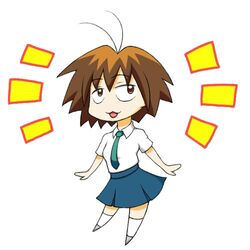  :3 antenna_hair bad_id bad_pixiv_id brown_eyes brown_hair chibi chibi_only female gisho kurihara_nagisa lowres necktie no_nose open_mouth school_uniform short_hair sketchbook_full_colors skirt solo 