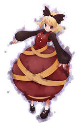  black_bow blonde_hair bow buttons female full_body hairbow itsukage kurodani_yamame long_sleeves looking_at_viewer ponytail red_eyes short_hair simple_background solo standing touhou white_background 