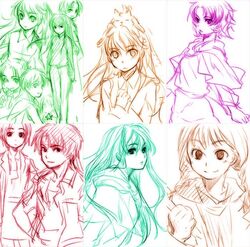  2boys 6+girls ame_yamori azalie_cait_sith cleo_everlastin constance_magee headband leki leticia_maccready long_hair majic_lin majutsushi_orphen multiple_boys multiple_girls multiple_monochrome orphen short_hair sketch 