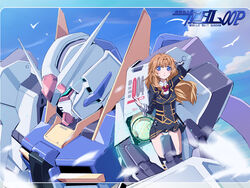  blazer blue_eyes blush bow bowtie brown_hair chall_acustica cloud commentary_request female gundam gundam_00 gundam_00p gundam_plutone jacket mecha okiura panties pantyshot photoshop_(medium) robot skirt sky solo thighhighs underwear 