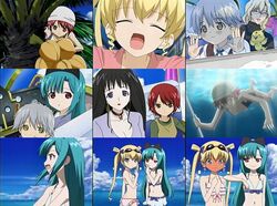  3girls :d anime_screenshot aqua_hair bikini blonde_hair blush brown_hair character_request cowboy_shot day diving from_side full-face_blush goggles goggles_on_head hayama_kotono hijiri_misaki light_rays looking_at_viewer multiple_girls navel open_mouth profile purple_eyes red_hair saint_october shirafuji_natsuki short_hair sidelocks smile stomach sunlight swimsuit twintails upper_body water 