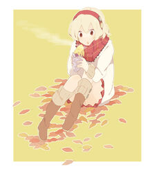  boots commentary female food hayato_(meromoni) headband leaf original scarf sitting skirt solo sweater sweet_potato 