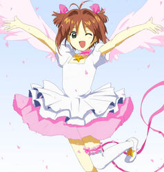  ahoge brown_hair cardcaptor_sakura choker dress endo female green_eyes happy jumping kinomoto_sakura one_eye_closed pink_choker short_hair solo star_(symbol) star_choker thighhighs wings 