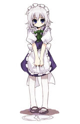  apron back_bow bad_link black_footwear blue_eyes bow braid broken dress female frilled_apron frills full_body furrowed_brow green_bow green_ribbons grey_hair hairbow izayoi_sakuya kiji_(manekinuko-tei) maid mary_janes neck_ribbon pantyhose puffy_short_sleeves puffy_sleeves purple_dress ribbon saucer shoes short_hair short_sleeves side_braids simple_background single_tear solo standing touhou waist_apron white_apron white_background white_bow white_pantyhose 