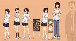  2boys 5girls ayase_fuuka azumanga_daiou bad_id bad_pixiv_id brown_hair cafe cheekbones creator_connection extra green_hair hiwatari kimura koiwai_yotsuba kumosuke menu_board mr._koiwai multiple_boys multiple_girls quad_tails thick_eyebrows yotsubato! 