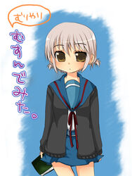  blue_sailor_collar blue_skirt cardigan eryu female kita_high_school_uniform nagato_yuki sailor_collar school_uniform serafuku short_hair skirt solo suzumiya_haruhi_no_yuuutsu winter_uniform 