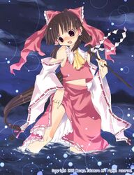  :d bad_id bad_pixiv_id bow brown_eyes brown_hair female gohei hairbow hakurei_reimu midriff night open_mouth red_bow smile solo takamura_masaya touhou wading water 