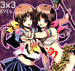  2girls 3x3_eyes ayanokouji_pai brown_hair commentary_request dual_persona long_hair midriff multiple_girls navel parvati_iv pink_eyes ponytail shima_chiyo siddham 