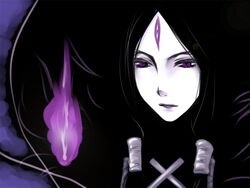  1boy black_hair close-up dark facial_mark fire lipstick makeup male_focus moira photoshop_(medium) purple_eyes single_flame solo sound_horizon thanatos_(sound_horizon) yukian 