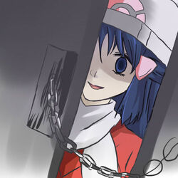  alternate_costume bad_id bad_pixiv_id beanie blue_eyes blue_hair chains coat crazy_eyes dawn_(pokemon) door female hat higurashi_no_naku_koro_ni long_hair lowres meino_(xto-cox) parody pokemon pokemon_dppt pokemon_platinum scarf smile solo winter_clothes yandere 