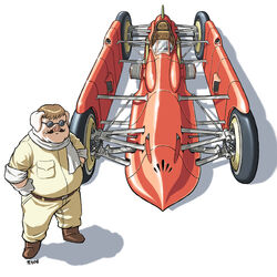  1boy adapted_object animal_ears brown_hair car commentary dieselpunk english_commentary facial_hair formula_racer gloves hands_on_own_hips james_chung jumpsuit kurenai_no_buta male_focus motor_vehicle moustache photoshop_(medium) pig_boy pig_ears pig_snout porco_rosso_(character) race_vehicle racecar scarf solo sunglasses vehicle_focus 