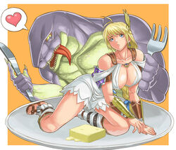  1boy armor armored_dress bad_id bad_pixiv_id blonde_hair blue_eyes braid breasts butter cleavage female food fork furry furry_male heart ibanen knife large_breasts legs lizardman lizardman_(soulcalibur) on_plate plate sandals single_braid sophitia_alexandra soulcalibur tongue vore 