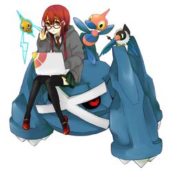  adjusting_eyewear bad_id bad_pixiv_id black_thighhighs blue_beak brown_eyes brown_hair chatot computer female glasses highres laptop legs metagross pixiv_trainer pokemon pokemon_(creature) porygon-z red_eyes rotom rotom_(normal) school_uniform sitting smile thighhighs todoroki_sora yellow_eyes zettai_ryouiki 