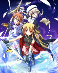  3girls bardiche_(nanoha) bardiche_(riot_zanber_stinger)_(nanoha) blonde_hair blue_eyes book cape commentary_request dual_wielding fate_testarossa fate_testarossa_(lightning_form) hat holding ice long_hair lyrical_nanoha mahou_shoujo_lyrical_nanoha mahou_shoujo_lyrical_nanoha_a&#039;s mahou_shoujo_lyrical_nanoha_strikers multiple_girls raising_heart raising_heart_(blaster_bit) raising_heart_(exceed_mode) red_eyes schwertkreuz showgirl_skirt staff sword t-ray takamachi_nanoha takamachi_nanoha_(sacred_mode) thighhighs tome_of_the_night_sky twintails unison_(nanoha) weapon yagami_hayate 