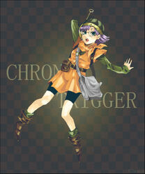  :o belt belt_pouch boots chrono_trigger copyright_name female full_body hat knee_boots long_sleeves lowres lucca_ashtear open_mouth pocket posca pouch short_hair shorts silver_hair solo 