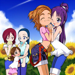  5girls arm_grab babydoll_t-shirt belt blue_eyes blue_hair blush bracelet braid bread brown_eyes brown_hair casual closed_eyes cloud commentary_request crop_top cropped_shirt day dress flower food futari_wa_precure_splash_star hair_ornament hairclip half_updo happy holding_hands hug hyuuga_minori hyuuga_saki interlocked_fingers jewelry kiryuu_kaoru kiryuu_michiru lolicon long_hair melon_bread midriff mishou_mai multiple_girls orange_hair pencil_skirt ponytail precure purple_eyes purple_hair red_eyes red_hair santoo_takeshi short_hair shorts skirt sky sleeveless smile sunflower very_short_hair 