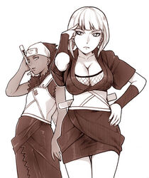  2girls breasts brown_theme cleavage dark-skinned_female dark_skin forehead_protector karui_(naruto) kumogakure_symbol large_breasts long_hair monochrome multiple_girls naruto_(series) naruto_shippuuden nekomata_naomi samui_(naruto) short_hair simple_background standing white_background 