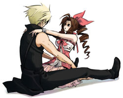  1boy aerith_gainsborough ahoge bad_id bad_pixiv_id blonde_hair bow brown_hair cloud_strife couple dress drill_hair female final_fantasy final_fantasy_vii final_fantasy_vii_advent_children frills hairbow hidaka_ryou kingdom_hearts kingdom_hearts_ii photoshop_(medium) pink_bow pink_dress ponytail ribbon short_hair spiked_hair straight 