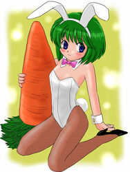  animal_ears blue_eyes blush carrot commentary_request female fishnet_pantyhose fishnets flat_chest green_hair kneeling looking_at_viewer looking_to_the_side marison_(aono107) original pantyhose playboy_bunny rabbit_ears short_hair solo 