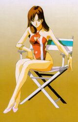  1980s_(style) bracelet breasts brown_hair casual_one-piece_swimsuit chair choujikuu_yousai_macross cleavage director&#039;s_chair female folding_chair hands hayase_misa imageboard_desourced jewelry legs long_hair macross medium_breasts mikimoto_haruhiko non-web_source on_chair one-piece_swimsuit retro_artstyle sitting solo swimsuit 