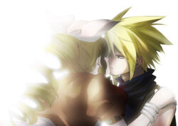  1boy aerith_gainsborough bad_id bad_pixiv_id blonde_hair bow brown_hair cloud_strife couple drill_hair female final_fantasy final_fantasy_vii hairbow hidaka_ryou kissing photoshop_(medium) ponytail short_hair straight turtleneck 