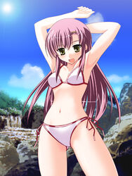  :d armpits arms_behind_head arms_up bikini blue_sky blush cloud cowboy_shot day female hair_ornament hairclip hayate_no_gotoku! hyokkori_tamago katsura_hinagiku long_hair looking_at_viewer navel open_mouth outdoors pink_hair side-tie_bikini_bottom sky smile solo stomach swimsuit white_bikini yellow_eyes 