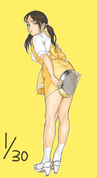  anna_miller back bad_id bad_pixiv_id brown_hair covering_ass covering_privates derivative_work female from_behind high_heels ibanen legs long_hair looking_back original shoes solo tray twintails waitress yellow_background 