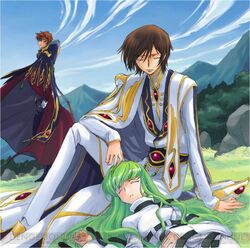  2boys bodysuit c.c. code_geass female green_hair kimura_takahiro kururugi_suzaku lap_pillow lelouch_vi_britannia long_hair multiple_boys official_art ookouchi_ricca sleeping straitjacket watermark white_bodysuit 