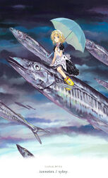  apron blonde_hair boots cloud cloudy_sky female fish flying_fish green_eyes highres holding holding_umbrella maid maid_apron maid_headdress original parted_lips riding rubber_boots school_of_fish sky solo takano_otohiko umbrella yellow_footwear 