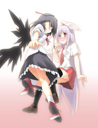  2girls animal_ears bad_id bad_pixiv_id black_hair black_thighhighs blush geta hat long_hair mizuno_minato multiple_girls necktie rabbit_ears red_eyes reisen_udongein_inaba shameimaru_aya skirt tengu-geta thighhighs touhou wings 