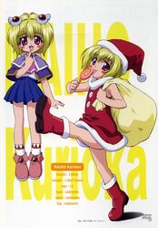  :p aoi_academy_school_uniform artist_request blonde_hair blush boots character_name choker christmas female hair_ornament hat highres kurioka_maiho licking maburaho oerba_yun_fang purple_eyes sack santa_costume santa_hat school_uniform short_hair skirt smile socks tongue tongue_out 