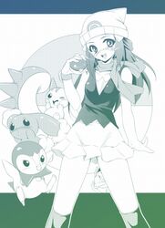  beanie buneary collarbone contrapposto dawn_(pokemon) endou_masatoshi female green_theme hat kneehighs looking_at_viewer meowth monochrome pachirisu piplup pokemon pokemon_(creature) skirt socks spread_legs standing 