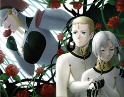  2boys artist_request asymmetrical_hair delphine_eraclea dio_eraclea female flower last_exile lucciola multiple_boys photoshop_(medium) short_hair silver_hair uniform 