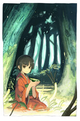  alcohol black_hair commentary_request cup female forest highres japanese_clothes kimono looking_at_viewer mushishi nature orange_kimono renzu_(mushishi) sakazuki sake short_hair solo tottori 