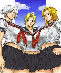  3girls bad_id bad_pixiv_id blonde_hair blue_eyes breasts christie_(doa) crop_top cropped_shirt dead_or_alive helena_douglas ibanen large_breasts long_hair midriff multiple_girls navel one_eye_closed pleated_skirt school_uniform serafuku short_hair skirt tina_armstrong white_hair 