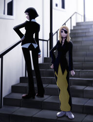  2girls azusa_yumi bad_id bad_pixiv_id black_hair blonde_hair eyepatch formal glasses long_hair looking_back marie_mjolnir multiple_girls pant_suit pants pencil_skirt photoshop_(medium) short_hair siraha skirt soul_eater stairs suit 