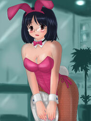  animal_ears bent_over black_hair blush brown_eyes commentary_request female fishnet_pantyhose fishnets glasses marison_(aono107) md5_mismatch open_mouth original pantyhose playboy_bunny rabbit_ears short_hair solo waitress 