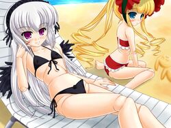  2girls beach bikini blonde_hair chair commentary_request day doll_joints drill_hair frilled_bikini frills green_eyes joints katsuragi_niya long_hair lounge_chair multiple_girls purple_eyes rozen_maiden shinku suigintou swimsuit white_hair wings 