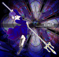  blue_hair boots character_name ciel_(tsukihime) closed_eyes commentary_request cross-laced_footwear female holding holding_weapon nazo_kichi polearm short_hair sidelocks solo stained_glass trident tsukihime weapon 