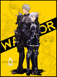  1boy armor commentary_request couple fantasy_earth fantasy_earth_zero female laughing mr.romance short_hair straight warrior_(fantasy_earth) white_hair 