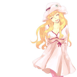  akieru_nomaki bad_id bad_pixiv_id blonde_hair closed_eyes dress female hat highres long_hair macross macross_frontier photoshop_(medium) sheryl_nome smile solo wavy_hair 