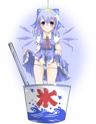  blue_hair cirno commentary_request female food guunome ribbon shaved_ice short_hair solo touhou wings 