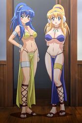  2girls anime_screenshot bikini blonde_hair blue_eyes blue_hair breasts circlet dancer feet green_eyes highres huge_breasts jewelry jpeg_artifacts large_breasts loincloth long_hair multiple_girls ponytail sandals stitched strap_gap swimsuit sylpheed third-party_edit tiara tiffania_westwood toes underboob zero_no_tsukaima 