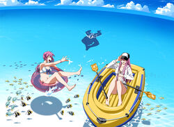  2girls barefoot bikini boat commentary_request day feet fish frog futaki_kanata hair_bobbles hair_ornament hat inflatable_boat innertube k3_(dolphin_brain) little_busters! long_hair multiple_girls oar ocean open_mouth photoshop_(medium) purple_hair raft ribbon saigusa_haruka siblings side_ponytail swim_ring swimsuit twins water watercraft 